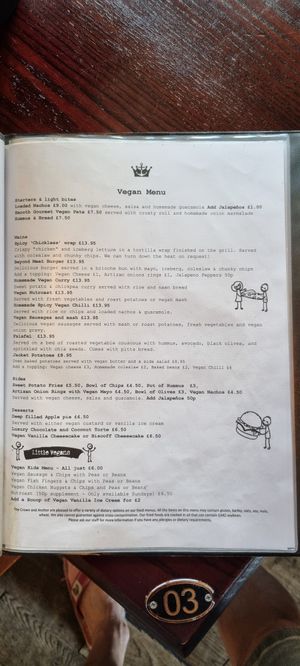 Vegan menu, June 2024 at The Crown and Anchor in Eastbourne