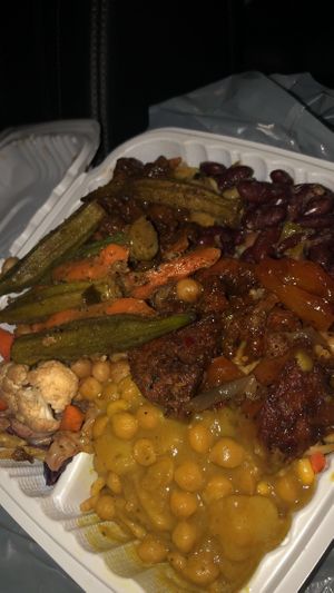 Okra, kidney beans with sauce, basmati rice, chickpeas & potato, BBQ seitan , stir fry veggies at Celebrity Pure Vegetarian in Toronto