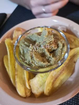 Hummus and banana chips at Madeley in Trinidad