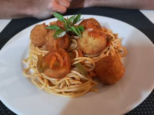 Spaghetti & veg balls at Madeley in Trinidad