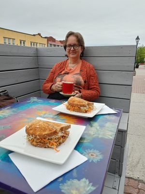 Covid-friendly outdoor streetside patio and delicious vegan pâte sandwiches. at Lotus Bleu Cafe in Edmundston