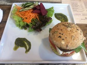 Shiitake Vegan burger with tofu slices at Broto Bistro in Garopaba