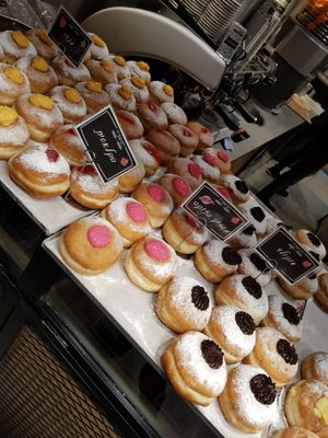 Vegan jewish donuts for hanukkah, with different fillings, most are vegan and marked as such. Available only through October - December. at The Bakery - Allenby in Tel Aviv