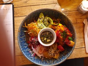 Poke bowl with watermelon tuna sashimi sticky rice, miso cucumber and asian style crunchy veggies at The Roundhill in Brighton