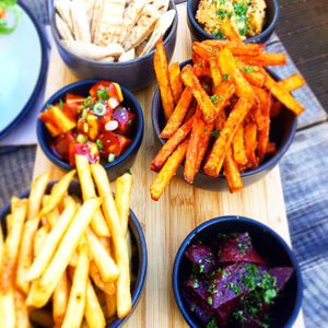 Sharing platter with chickpea tofu and house hummous at The Roundhill in Brighton