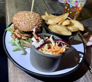 Jerk Oyster Burger w/ Triple Cooked Chips at The Roundhill in Brighton