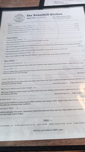 Menu fit for the Gods and The Great Unwashed at The Roundhill in Brighton