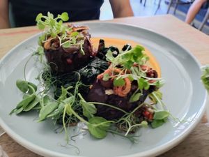 Eggplant with a variety of vegetables and tasty dressings at The Roundhill in Brighton