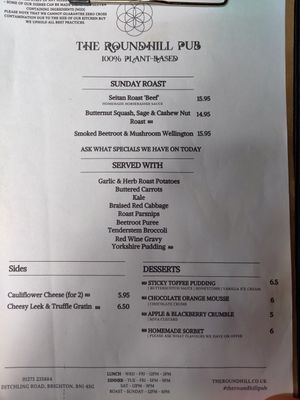 Sunday roast menu at The Roundhill in Brighton