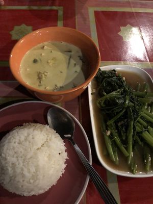 Green curry with tofu and morning glory  at Ying Ying's Kitchen in Koh Phangan