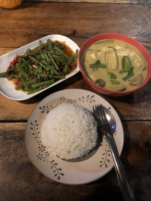 Green curry tofu, Morning glory, rice = 150 baht  at Ying Ying's Kitchen in Koh Phangan