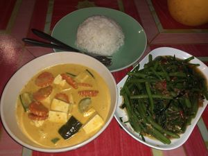 Red curry tofu, rice, morning glory = 150 baht  at Ying Ying's Kitchen in Koh Phangan