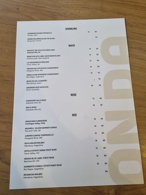 Drinks menu at Onda in Richmond