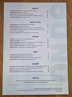 Menu at Onda in Richmond