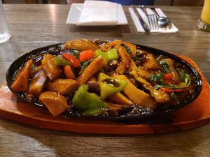 Eggplant and king mushroom sizzling platter at Unit Su Vege in Philadelphia