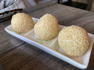 D41 Fried Sesame Balls with red bean paste inside at Unit Su Vege in Philadelphia