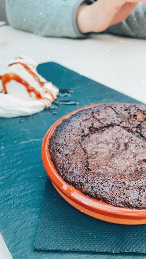 Vegan brownie, ice cream and whipped cream at The Hen's Teeth in Alicante