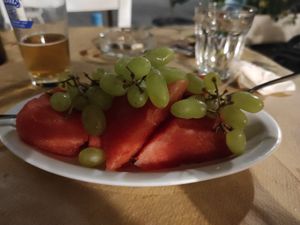 After our meal was over they offered us summer fruits and mastiha liquer shots as well at Babis Taverna 1979 in Galatas