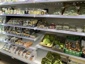 Large vegan cheese selection, sprouts and lettuce etc. at Savia Alimentacion Natural in Ibiza