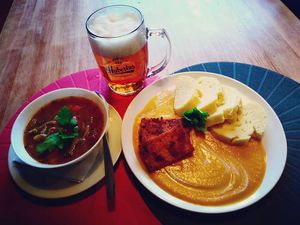 goulash soup, traditional svíčková with homemade dumplings at Bubu's Pub & Kitchen in Prague