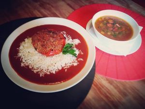 * Frankfurtská polévka s párkem a bramborem (6,9)
* Plněná paprika s rajskou omáčkou a rýží (6) a nebo s kynutým knedlíkem (1) at Bubu's Pub & Kitchen in Prague