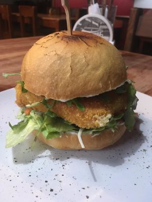 smažák (fried cheese) in a bun at Bubu's Pub & Kitchen in Prague