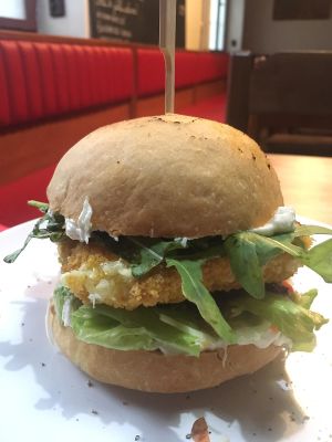 smažák (fried cheese) in a bun at Bubu's Pub & Kitchen in Prague
