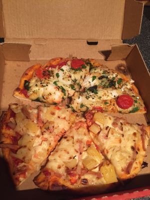 Hawaiian and whatever the pizza with prawns is (both vegan) at Pep's Pizza in Ascot Park