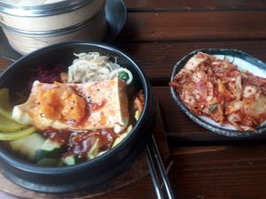 Bibimbap with vegan egg and kimchi at Feel Seoul Good in Berlin