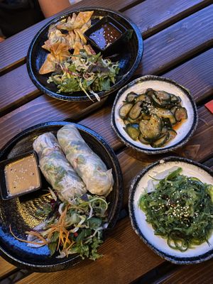 Summer rolls, spicy cucumber, seaweed salad and wan tan  at Feel Seoul Good in Berlin