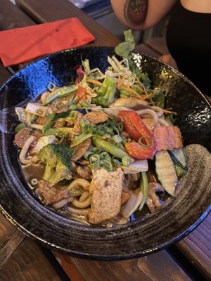 V10 mixed ‘meat’ with udon noddles and curry  at Feel Seoul Good in Berlin