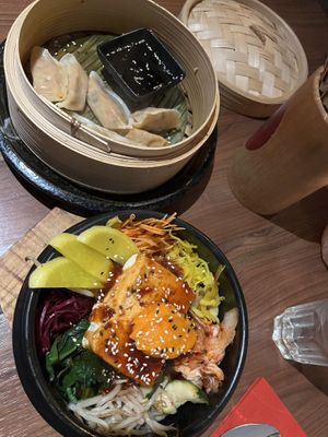 kimchi mandu and bibimbap with vegan egg  at Feel Seoul Good in Berlin