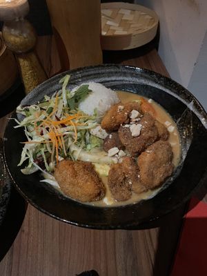 Veg and soy strips with peanut sauce   at Feel Seoul Good in Berlin