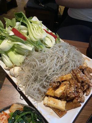Vegetables, glass noodles and soy meat strips for the Bapsang BBQ for two people  at Feel Seoul Good in Berlin