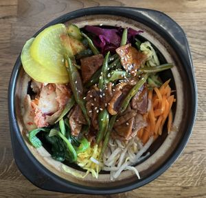 Bibimbab bowl with marinated soy medallions.  at Feel Seoul Good in Berlin