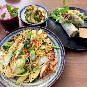 summer rolls , fried ramen with veggies & tofu, cucumber salad  at Feel Seoul Good in Berlin