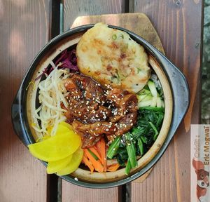 Bibimbab (Rice bowl) with soy strips with avocado pancake at Feel Seoul Good in Berlin