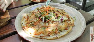 Crispy Pancake with carrot-leak-sweet potato julienne and peanuts sauce at Feel Seoul Good in Berlin