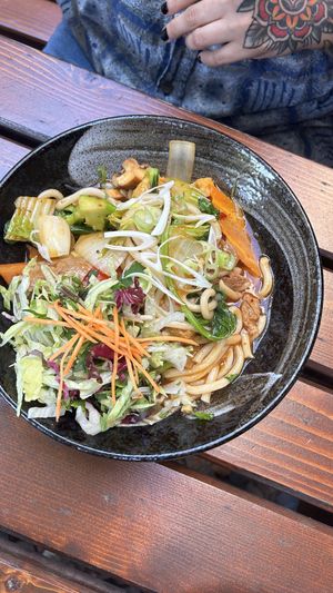Udon with garlic, soja mediallions  at Feel Seoul Good in Berlin