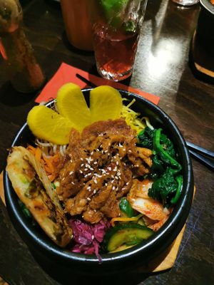 Bibimbap with soy stripes and avocado patty at Feel Seoul Good in Berlin