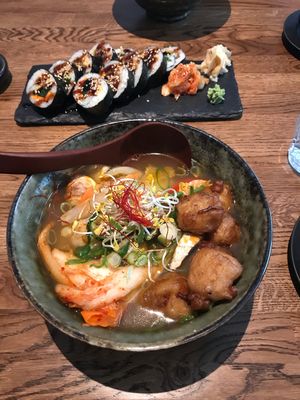 Red bowl ramen and gimbap at Feel Seoul Good in Berlin