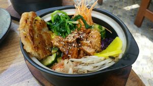 Bibimbap with soy strips and avocado pancake (really tasty!) at Feel Seoul Good in Berlin