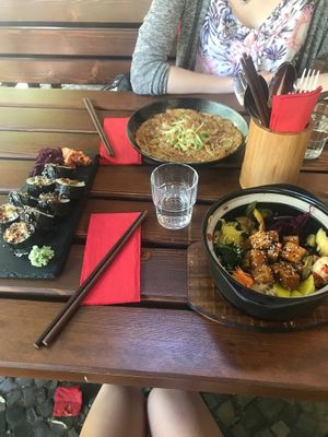 Pancake (GET IT), tempeh bimbimbap (YUM) and soy strip kimbap at Feel Seoul Good in Berlin