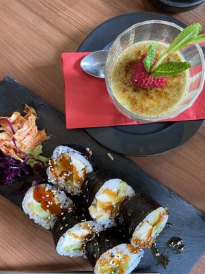 Crème brûlée and vegan tuna rolls.  at Feel Seoul Good in Berlin