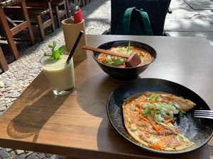 Red curry, pancakes and non alcohol cocktail. Pancakes are amazing!  at Feel Seoul Good in Berlin