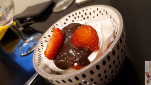 Special dessert for special dinner with friends, chantilly, chocolate and fruit ! at Happiz - Monge in Paris