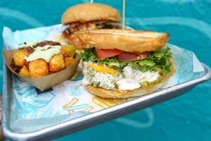 Toona Sandwich 
Tater Tots at Vegan Junkie - Tavern Flower Food Truck in Fort Lauderdale