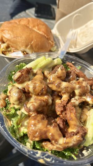 Shhcken Caesar salad and a PBQ Burger  at Vegan Junkie - Tavern Flower Food Truck in Fort Lauderdale