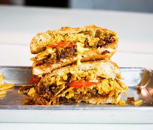 Choreezo Con Webo
Choreezo crumbled and cooked with grilled onions, tomato served with an omelette, hollandaise and potato sticks.  at Vegan Junkie - Tavern Flower Food Truck in Fort Lauderdale