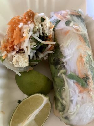 Fresh spring rolls. Delicious! Peanut sauce comes on the side.  at Dharma's in Capitola